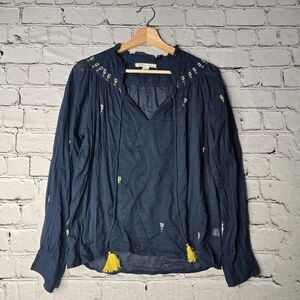 Banjanan 100% Cotton Floral Stitch Embroidered‎ Navy Blue Tassel Blouse Size S